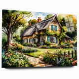 Large abstract wall art on acrylic glass depicting serene blue and white cottages, ideal for bedroom or dining room decor.