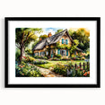 Extra large abstract art print featuring a textured design of colorful cottages, in a black frame.
