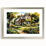 Textured art depicting abstract cottages in muted earth tones on a framed silver mat, suitable for bedroom decor.