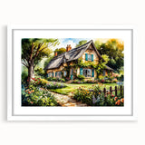 Extra large abstract art print featuring textured white and gray cottages, in a white frame, ideal for living room decor.