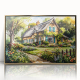 Mid-century modernist art depicting symmetrical cottages in muted earth tones, framed in gold acrylic.