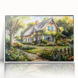 Mid-century modernist cottages in muted colors on a large framed acrylic print, suitable for nursery wall art.