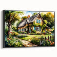Black and white framed canvas featuring vintage-style landscape art paintings of cottages, ideal for bedroom wall decor.