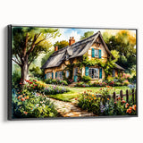Black and white framed canvas featuring vintage-style landscape art paintings of cottages, ideal for bedroom wall decor.