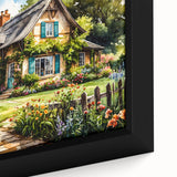 Black wall art featuring a close-up of colorful, textured cottages on framed canvas, ideal for a spacious living room.