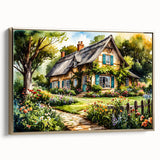 Framed canvas featuring a landscape art painting of colorful cottages, ideal for adding a vintage touch to living spaces.