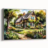 Vintage poster art of colorful cottages on framed canvas, ideal for extra large living room wall.