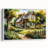 Framed canvas depicting a vintage-style landscape with cottages, in muted earth tones, ideal for bedroom wall art.