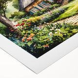 Art deco poster featuring a row of pastel-colored cottages on rolled canvas, suitable for dining room wall art.