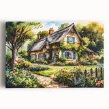 Black and white stretched canvas depicting a cluster of quaint cottages, ideal for kitchen wall art.