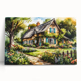 Black and white photo of quaint cottages on stretched canvas, ideal for kitchen wall art or bedroom ambiance.