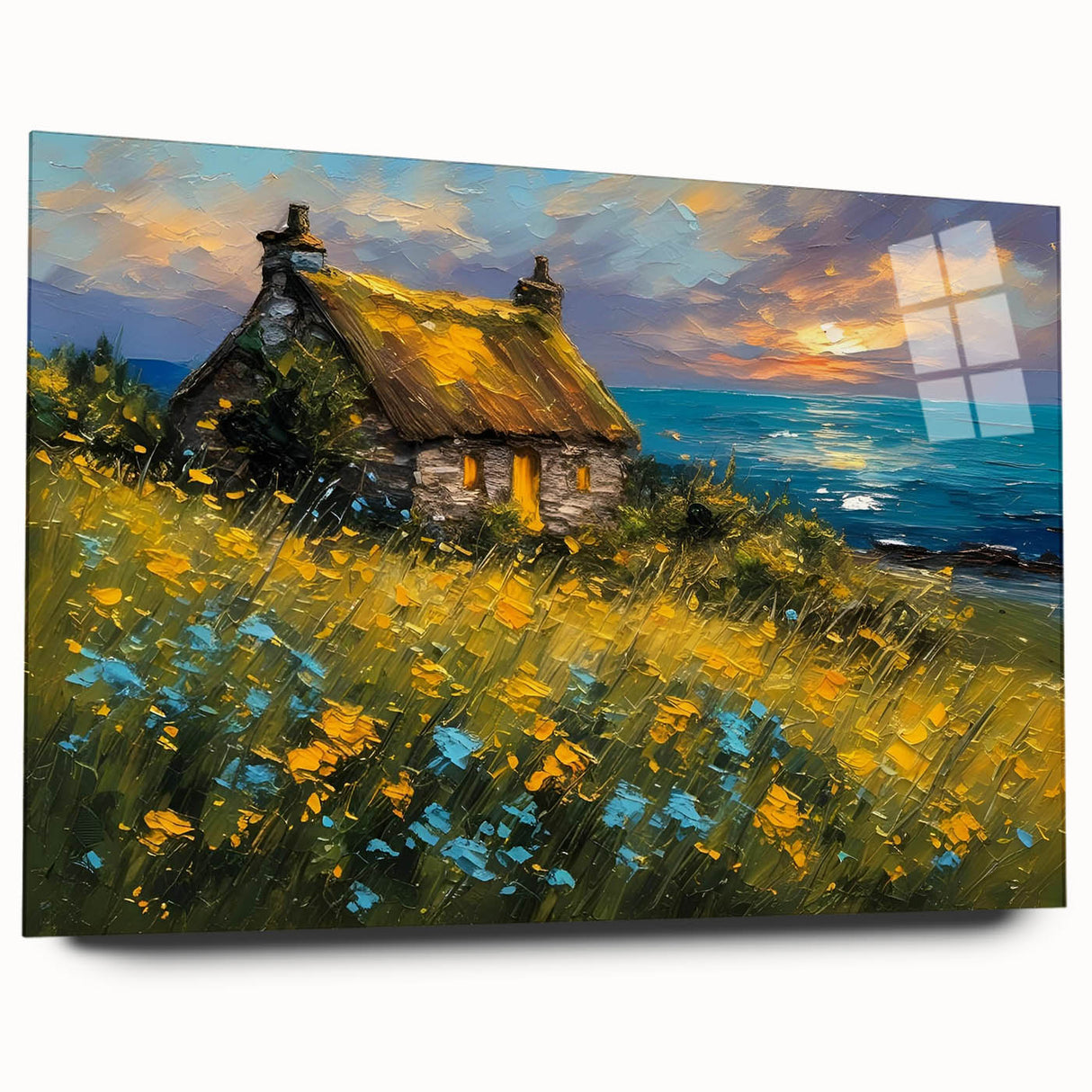 Large abstract wall art on acrylic glass depicting modern architecture, ideal for bedroom or dining room decor.