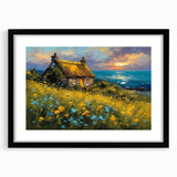 Extra large abstract art print featuring colorful, textured design of architectural cottages, framed in black.