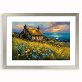 Textured abstract art print of geometric shapes in muted earth tones on a silver-framed canvas, suitable for bedroom decor.