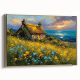 Vintage poster art of colorful cottages on a black background, framed canvas, ideal for living room decor.