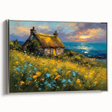 Framed canvas depicting a vintage poster art of black and white landscape cottages, ideal for bedroom wall art.
