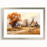 Textured abstract art print of clustered cottages in muted earth tones, framed in silver, ideal for bedroom decor.