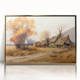 Mid-century modernist art depicting colorful cottages in acrylic, framed in gold, suitable for nursery wall art.