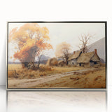 Art Deco poster depicting streamlined silver cottages, framed in acrylic, ideal for modern nursery wall art.