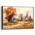 Black and white framed canvas featuring vintage-style landscape art paintings of cottages, ideal for bedroom wall decor.