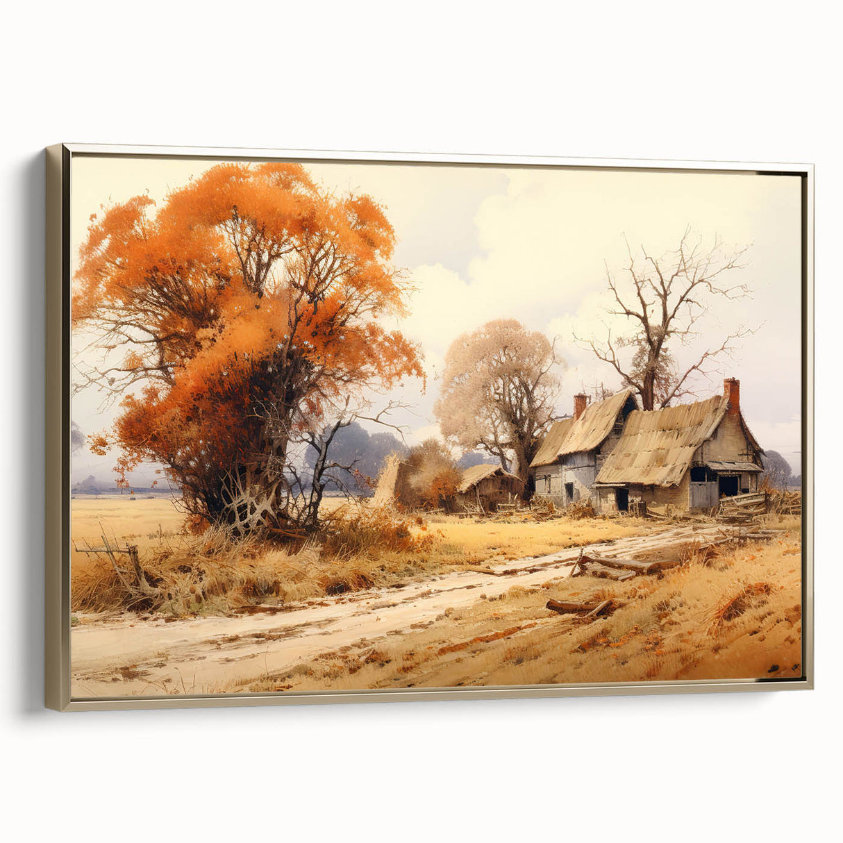 Framed canvas of vintage-style landscape painting with cottages, in muted earth tones, ideal for bedroom wall art.