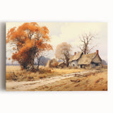 Black and white photo of quaint cottages on stretched canvas, ideal for kitchen wall art.