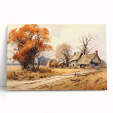 Black and white photo of cottages on stretched canvas, ideal for kitchen wall art or bedroom ambiance.