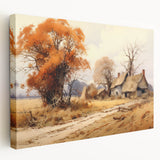 Row of colorful cottage facades printed on stretched canvas, suitable for brightening a kitchen space.