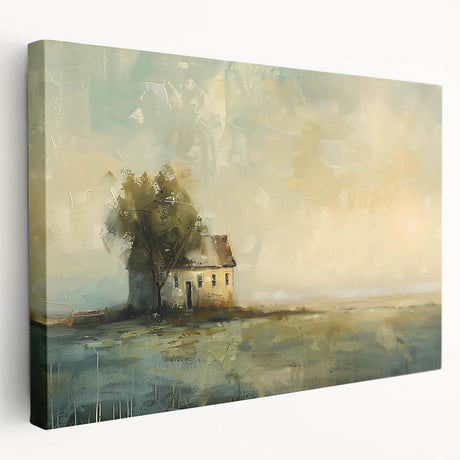 Three large canvas prints showing side views of minimalist architecture cottages in muted earth tones.
