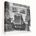 Large canvas print of a derelict building in muted gray and blue tones, suitable for kitchen wall art.