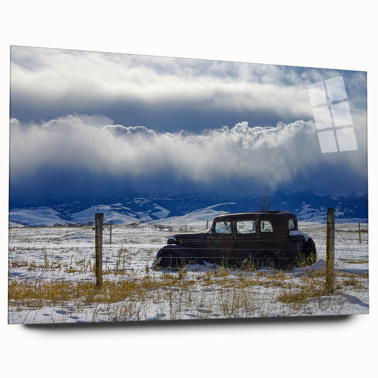 Large abstract wall art in muted gray and blue tones on acrylic glass, ideal for modern bedroom or dining room ambiance.