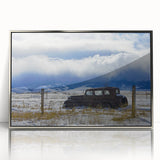 Mid-century modernist art featuring abstract architectural forms in muted grays and silvers, acrylic print framed in silver.