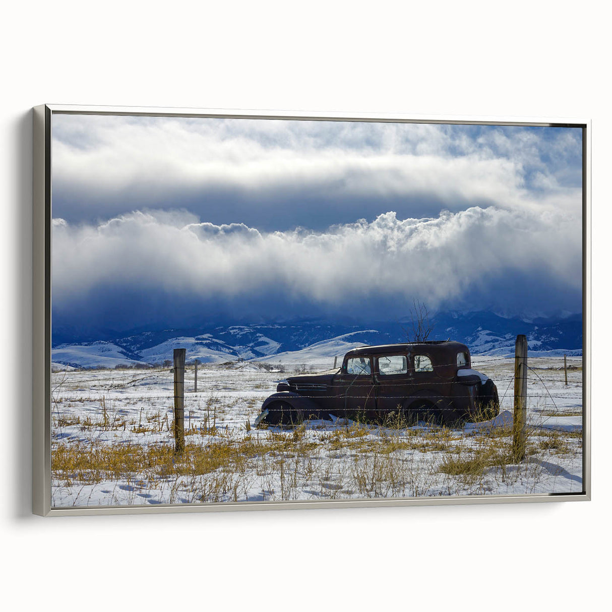 Landscape art painting of a derelict building, featuring muted earth tones on a framed canvas.