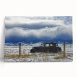 Black and white photograph of a dilapidated building on stretched canvas, ideal for kitchen wall art or bedroom ambiance.