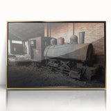 Mid-century modernist styled large art print of a derelict building, in muted gold and gray tones on acrylic.