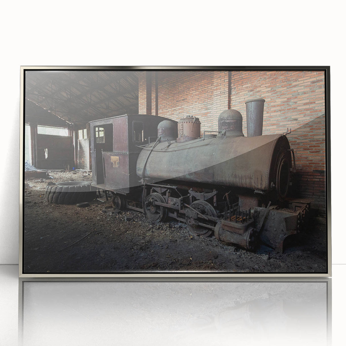 Mid-century modernist art depicting an abstract cityscape in muted gray and blue tones on a framed acrylic print.