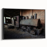 Vintage poster art of a derelict building in vibrant colors on a large framed canvas, ideal for living room decor.