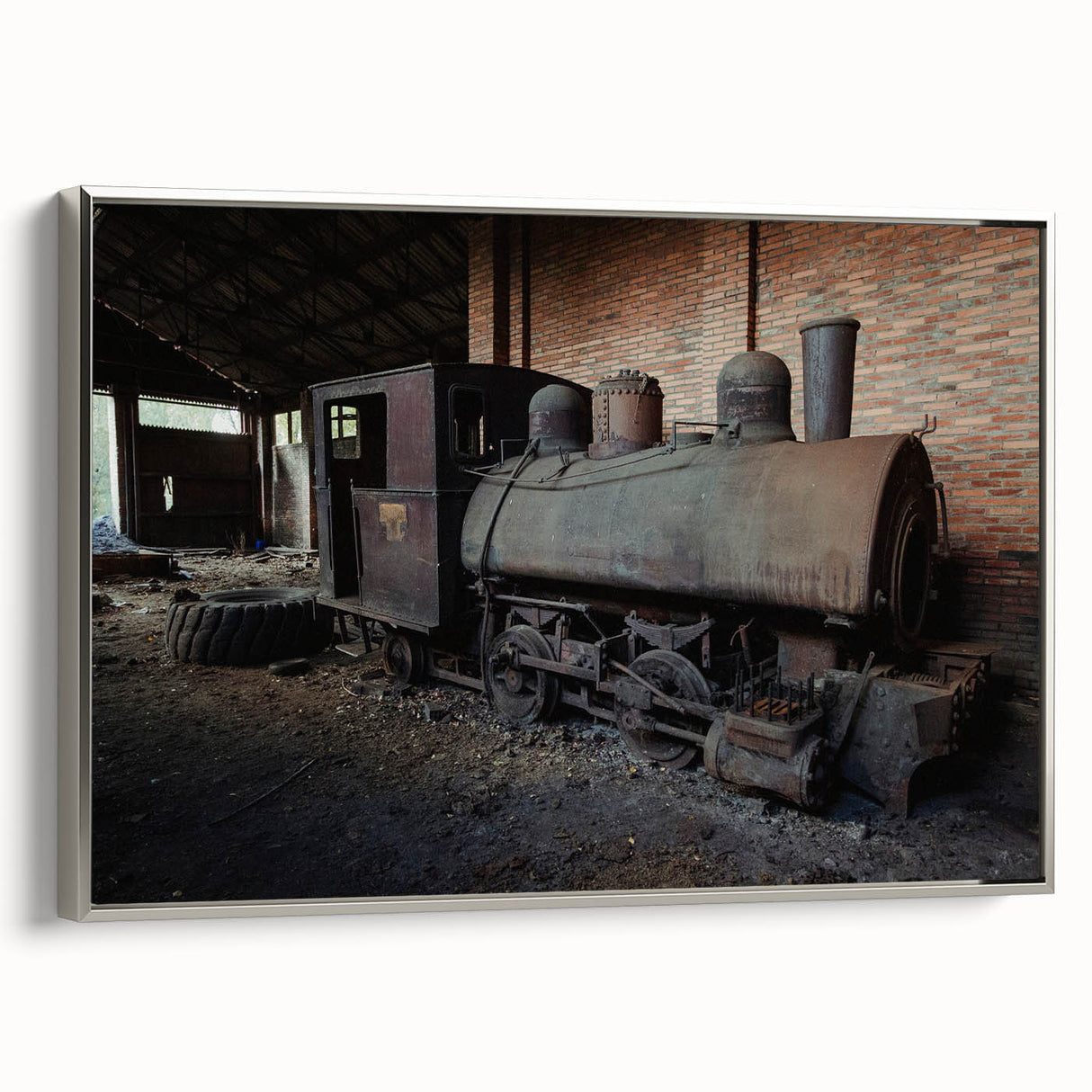 Vintage poster art of a derelict building in muted black and silver tones on a framed canvas, ideal for bedroom wall decor.