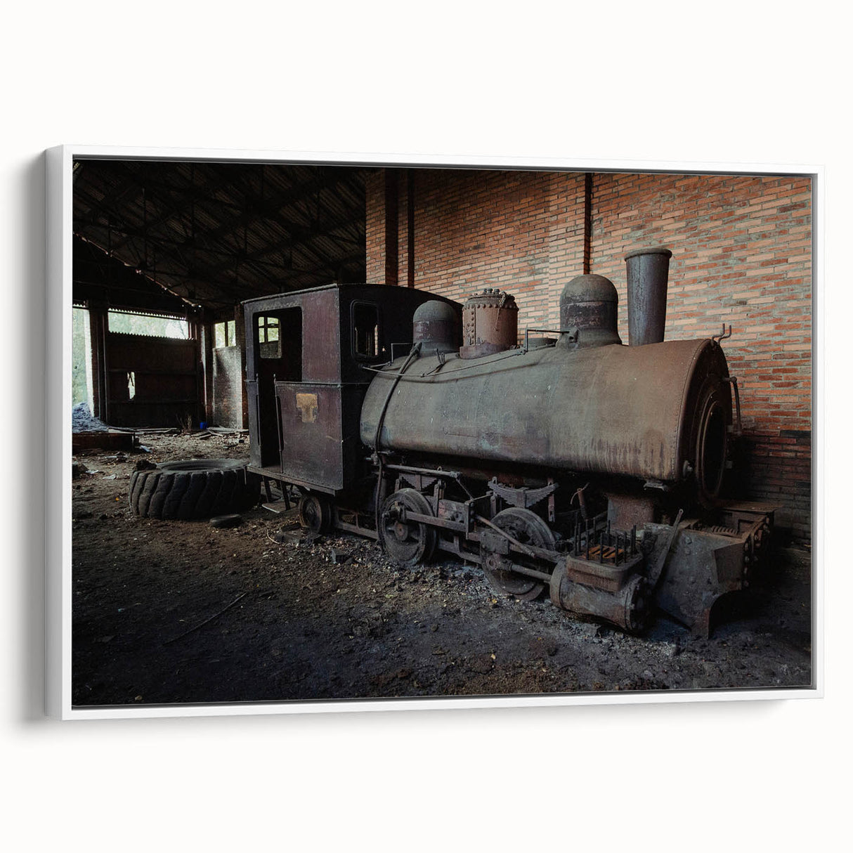 Framed canvas of a vintage landscape painting featuring a derelict building in a colorful, abstract style.