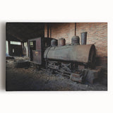 Black and white photo of a dilapidated building on stretched canvas, ideal for kitchen wall art or bedroom ambiance.