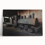 Black and white photograph of a derelict building on large stretched canvas, suited for kitchen wall art.