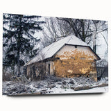 Large abstract wall art on acrylic glass depicting a derelict building in muted gray and blue tones.