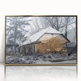 Mid-century modernist large art print of a derelict building in muted gold tones, framed in acrylic.