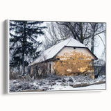 Extra large framed canvas featuring a vintage poster art of colorful, derelict architecture, ideal for living room decor.