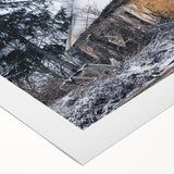 Art deco poster of a geometric and symmetrical building, rendered in muted beige and cream tones on rolled canvas.