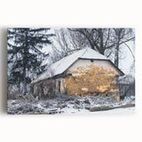 Large black and white photo of an abandoned building on stretched canvas, suitable as kitchen wall art or bedroom decor.