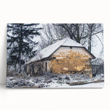 Large black and white photograph of a derelict building on stretched canvas, suitable for kitchen wall art.