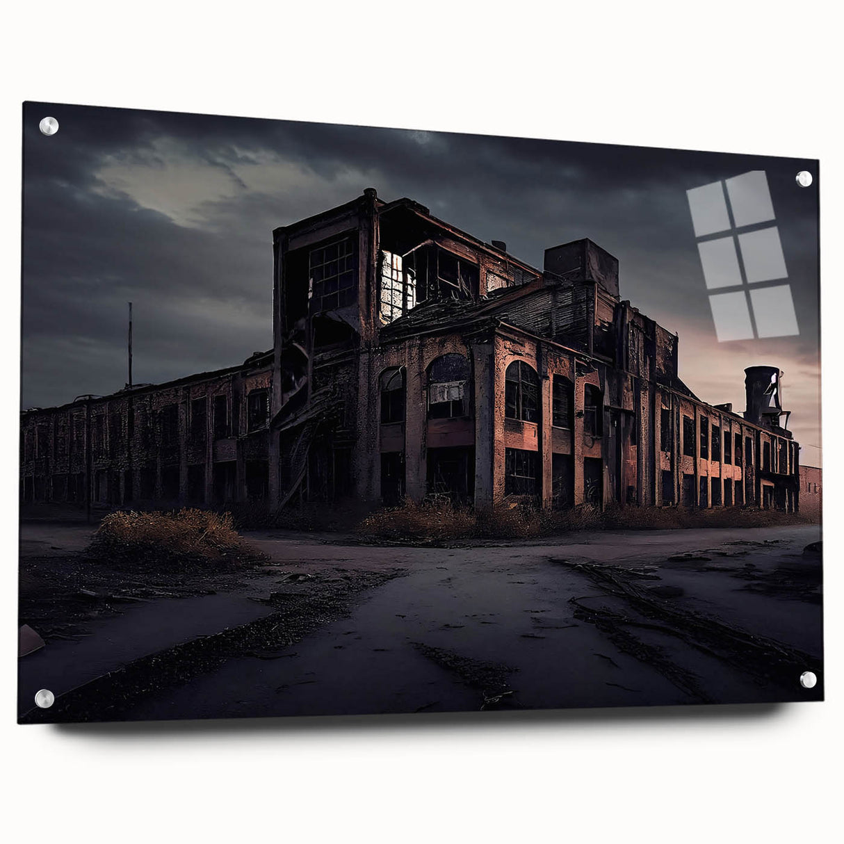 Large abstract wall art on acrylic glass featuring a blend of muted grey and rust tones.