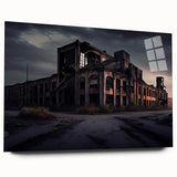 Large abstract wall art on acrylic glass depicting a derelict building in muted gray and blue tones.