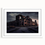 Abstract art print depicting a derelict building in muted gray and blue tones on a white framed canvas.